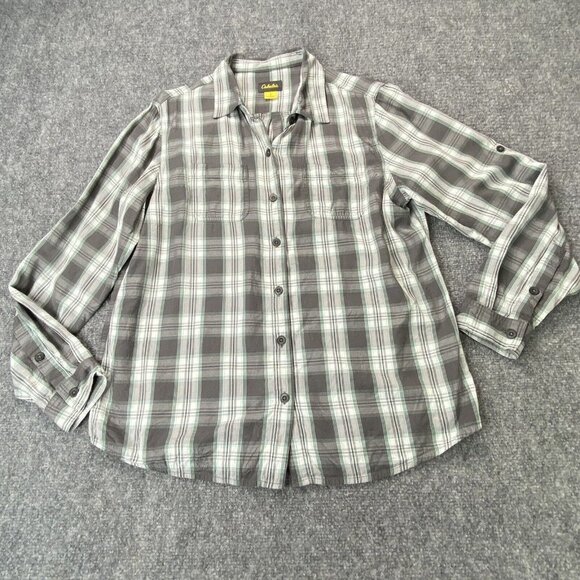 Cabelas‎ Shirt Womens Large Gray Green Plaid Button Up Roll Tab Sleeve Outdoor - Picture 1 of 11
